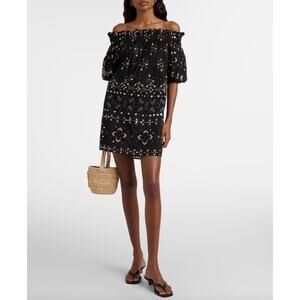 Juliet Dunn Embellished Cotton Poplin Mini Dress OffShoulder Embroidered 10 NWT